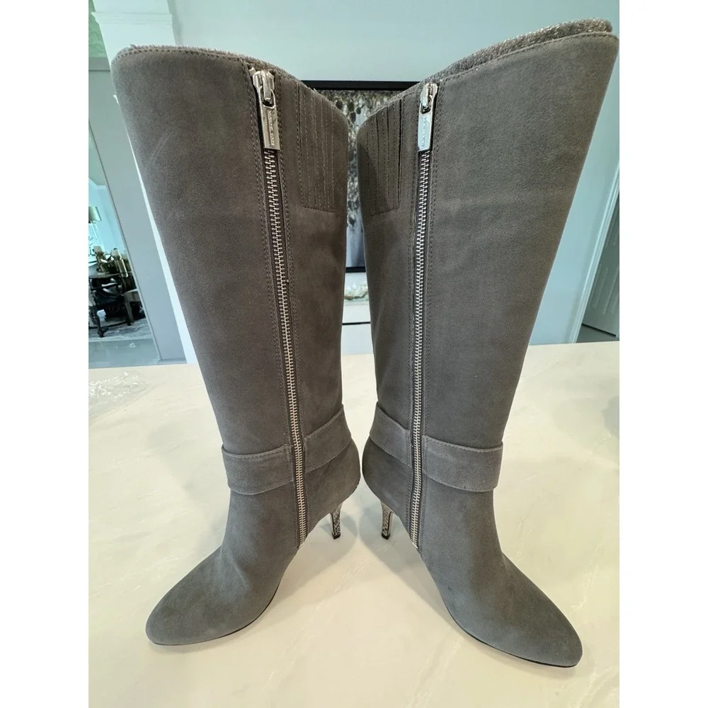 Michael Kors Caroline Boots Womens 5M Gray Suede Embossed Leather KNEE HIGH NIB